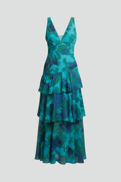 Raquel | Vestido maxi de mujer con escote en V y falda en capas