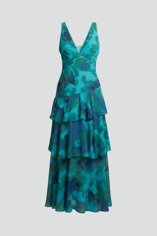 Raquel | Robe longue femme à décolleté en V et jupe à volants