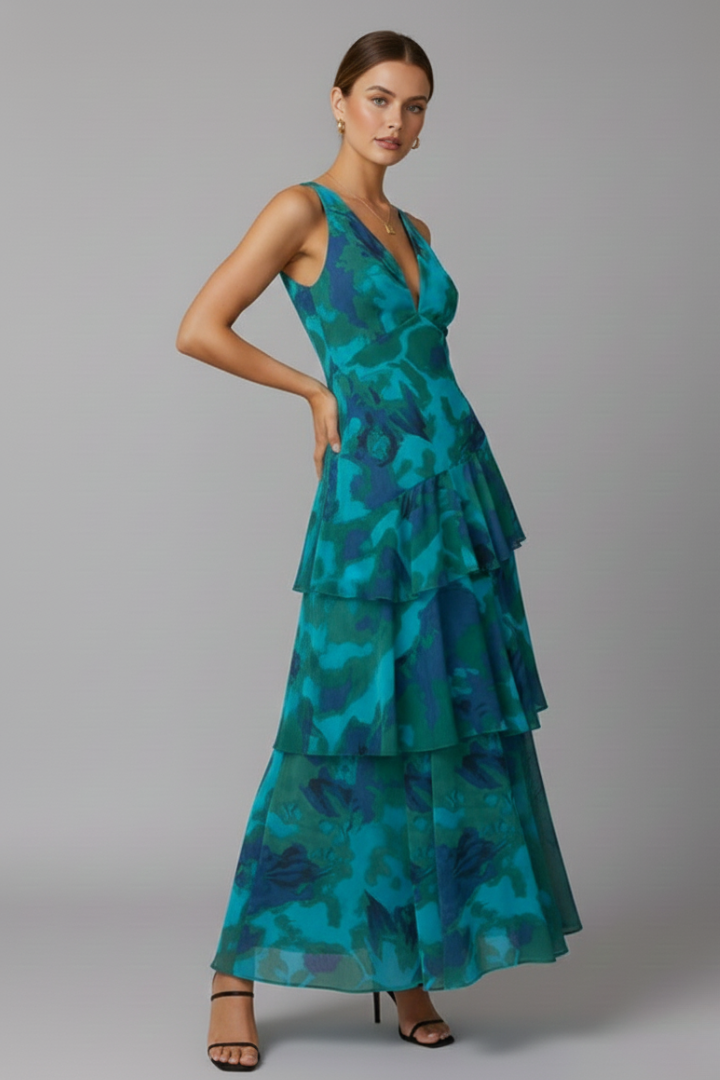 Raquel | Vestido maxi de mujer con escote en V y falda en capas
