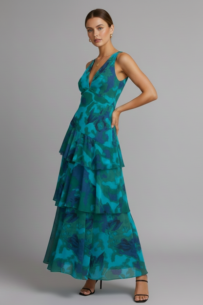 Raquel | Vestido maxi de mujer con escote en V y falda en capas