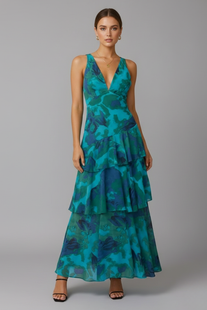 Raquel | Vestido maxi de mujer con escote en V y falda en capas