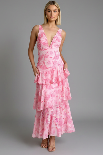 Raquel | Vestido maxi de mujer con escote en V y falda en capas