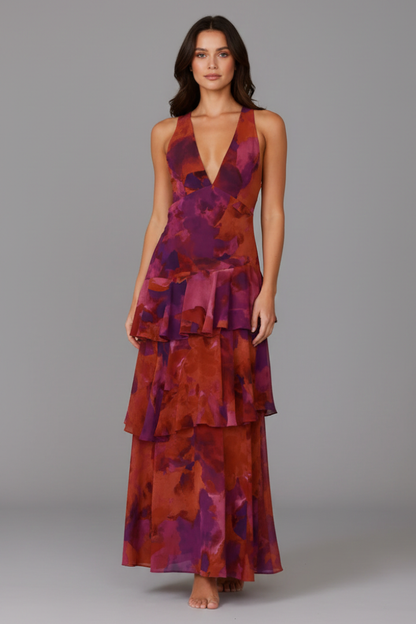 Raquel | Vestido maxi de mujer con escote en V y falda en capas