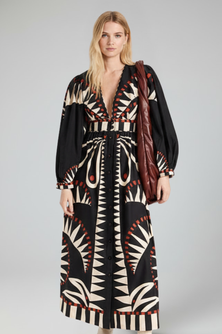 Lara | Vestido largo de mujer con manga larga y estampado con escote en V