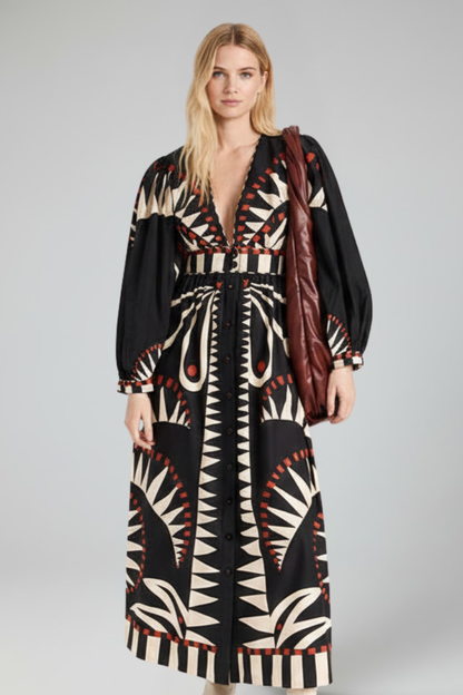Lara | Vestido largo de mujer con manga larga y estampado con escote en V