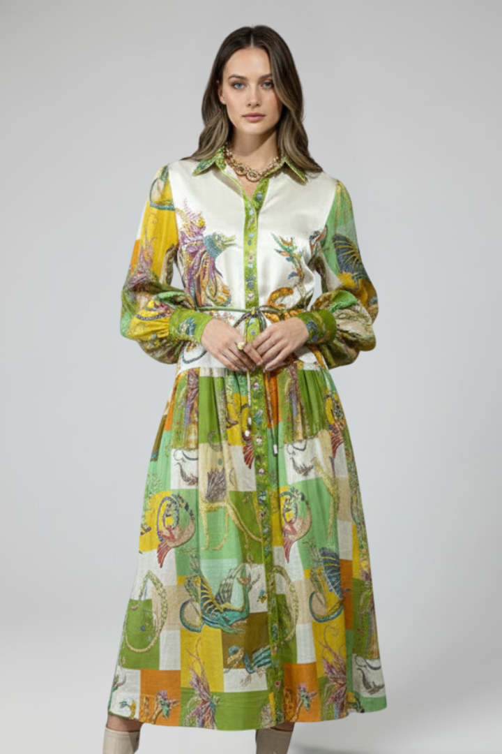 Lara | Vestido largo de mujer con manga larga y estampado con escote en V