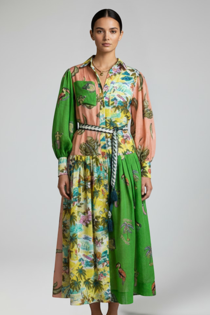 Lara | Vestido largo de mujer con manga larga y estampado con escote en V