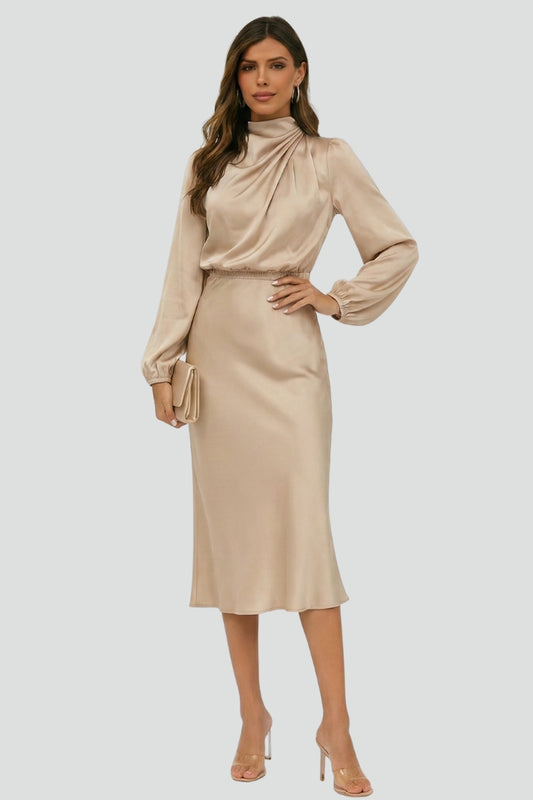 Dafne | Women's High Neck Long Sleeve Midi Dress