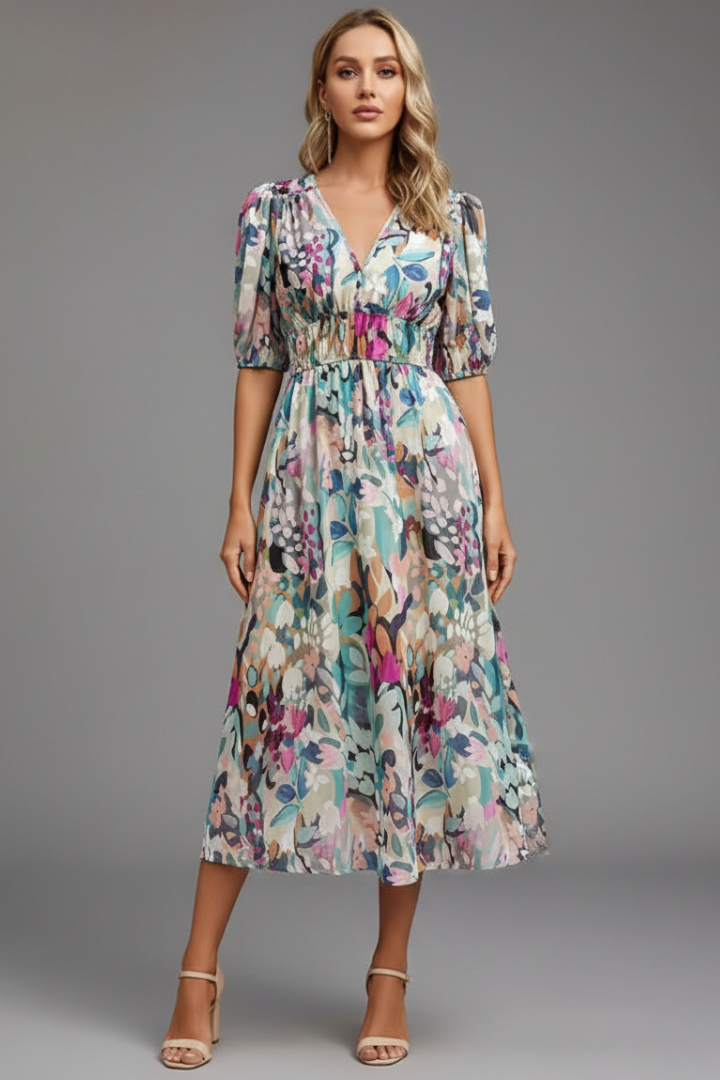 Mónica | Women's Floral Print V-Neck Midi Dress