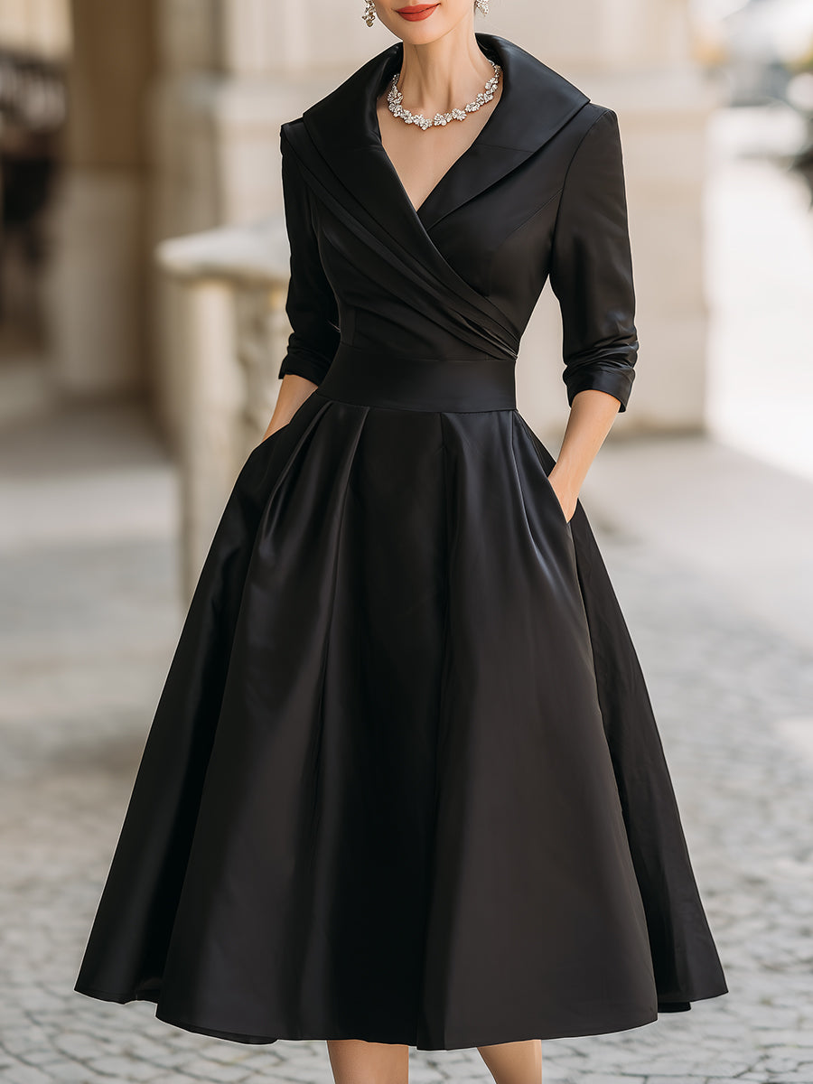 Victoria | Elegant midi dress with long sleeves and crossover neckline