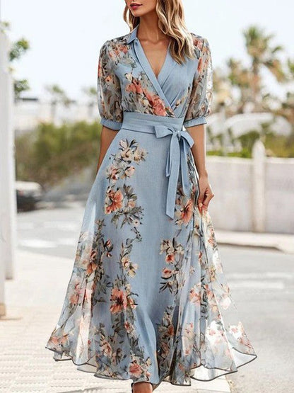 Lourdes| Midi dress with V-neck and floral print with belt