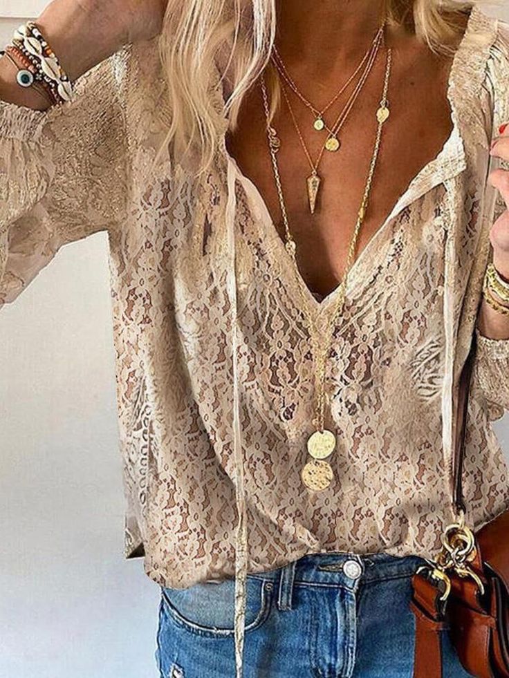 Serelia | Blusa para mujer con encaje y escote en V de estilo bohemio