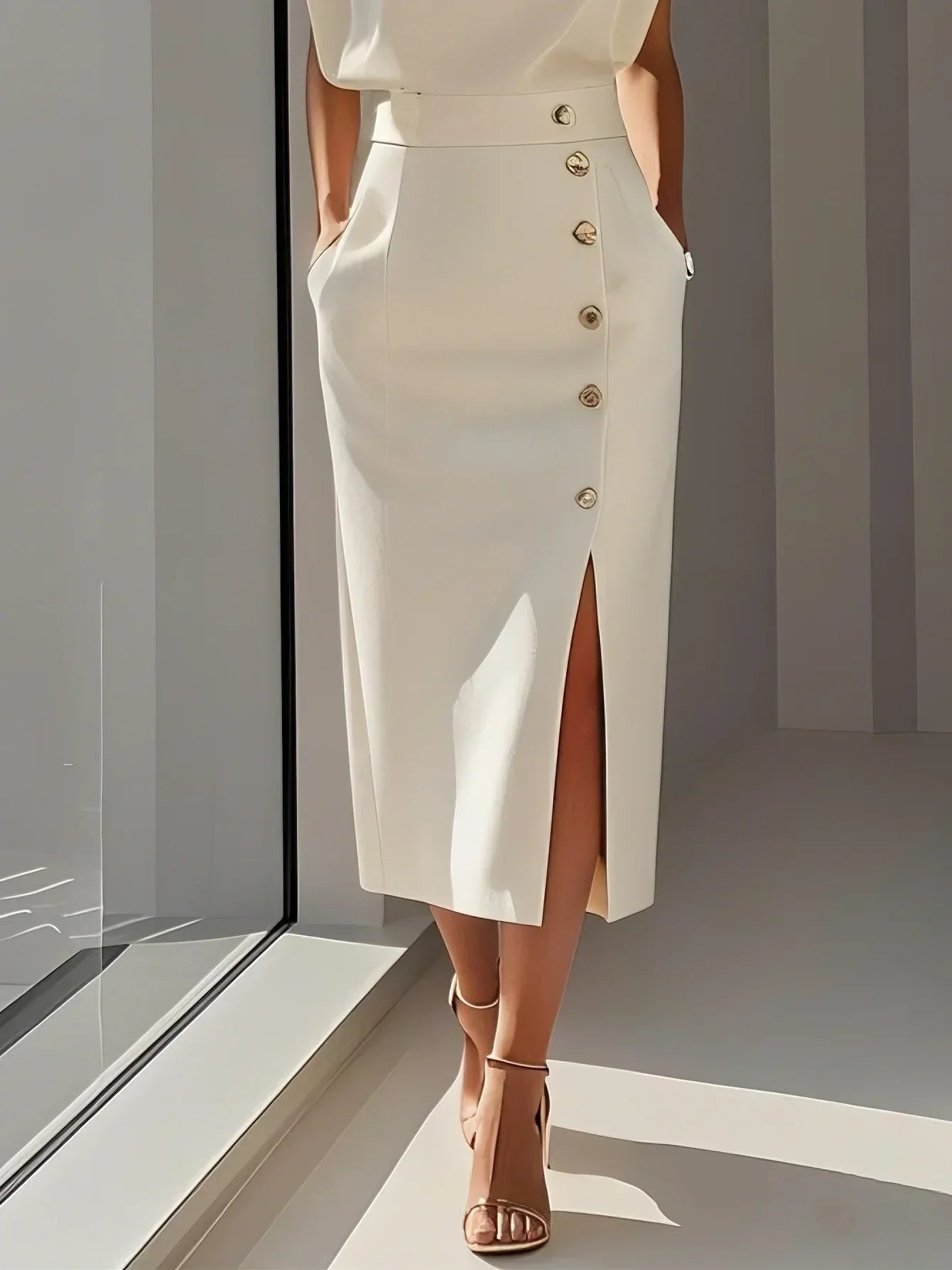 Beatriz | Vestido midi para mujer con botones y abertura frontal