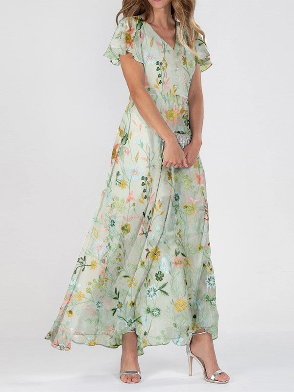 Raquel| Robe maxi pour femme avec fleurs et col en V