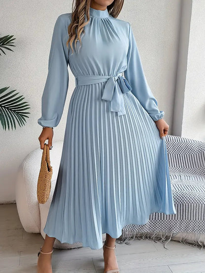 Rhea | Pleated Long Sleeve Dress with Belt