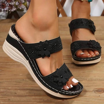 Yarael | Women's Wedge Sandals with Floral Straps | Breathable