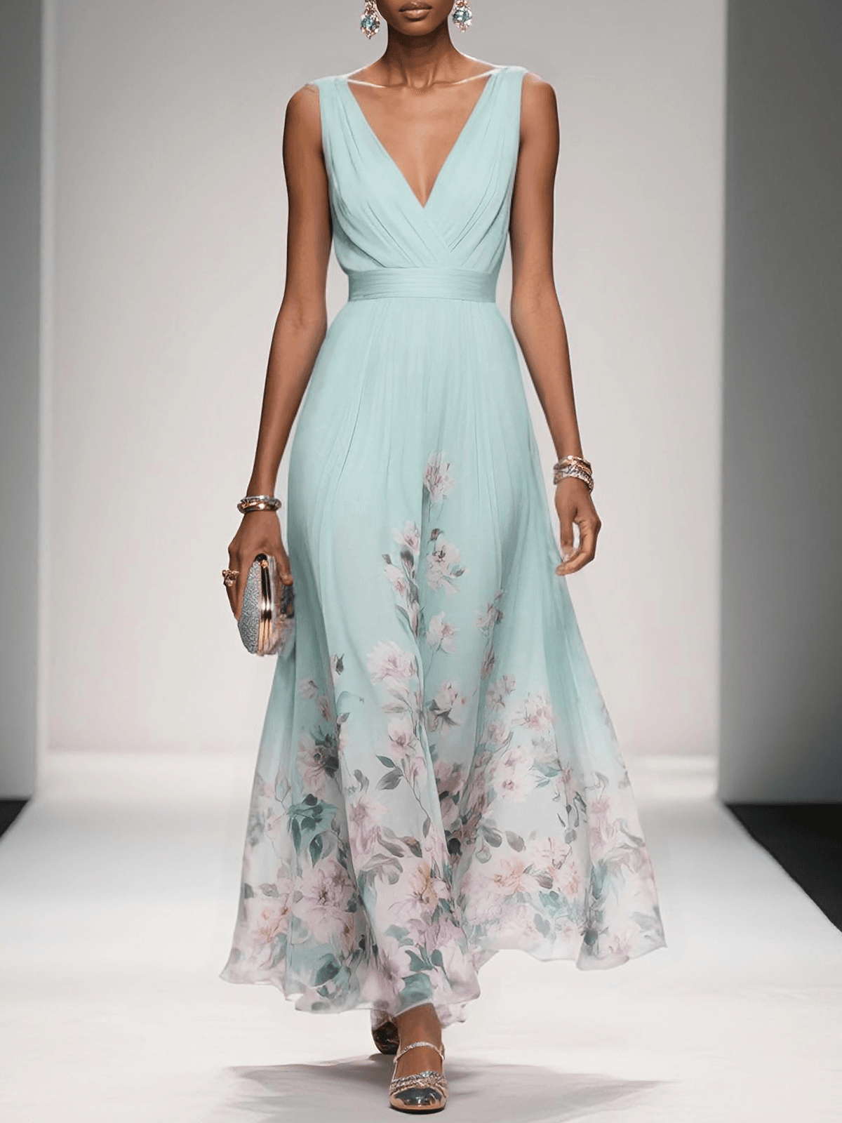 Daniela | Robe longue femme à imprimé floral et col en V