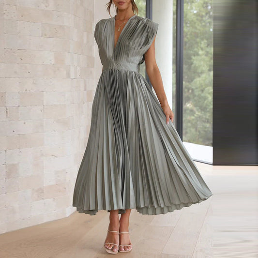 Adelviro | Vestido midi moderno de mujer con cuello en V | Sin mangas