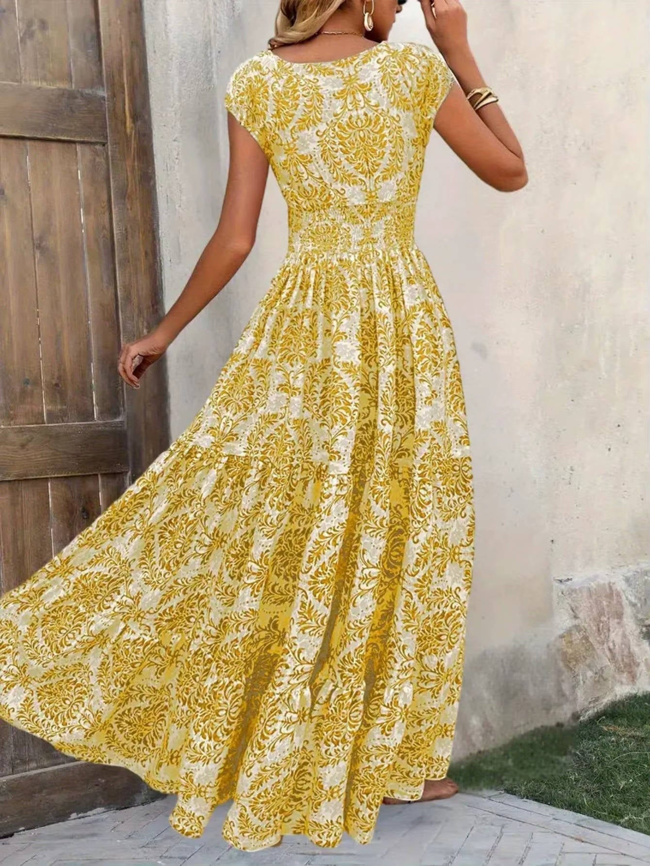 Cristina | Robe maxi bohème femme à imprimé et fronces