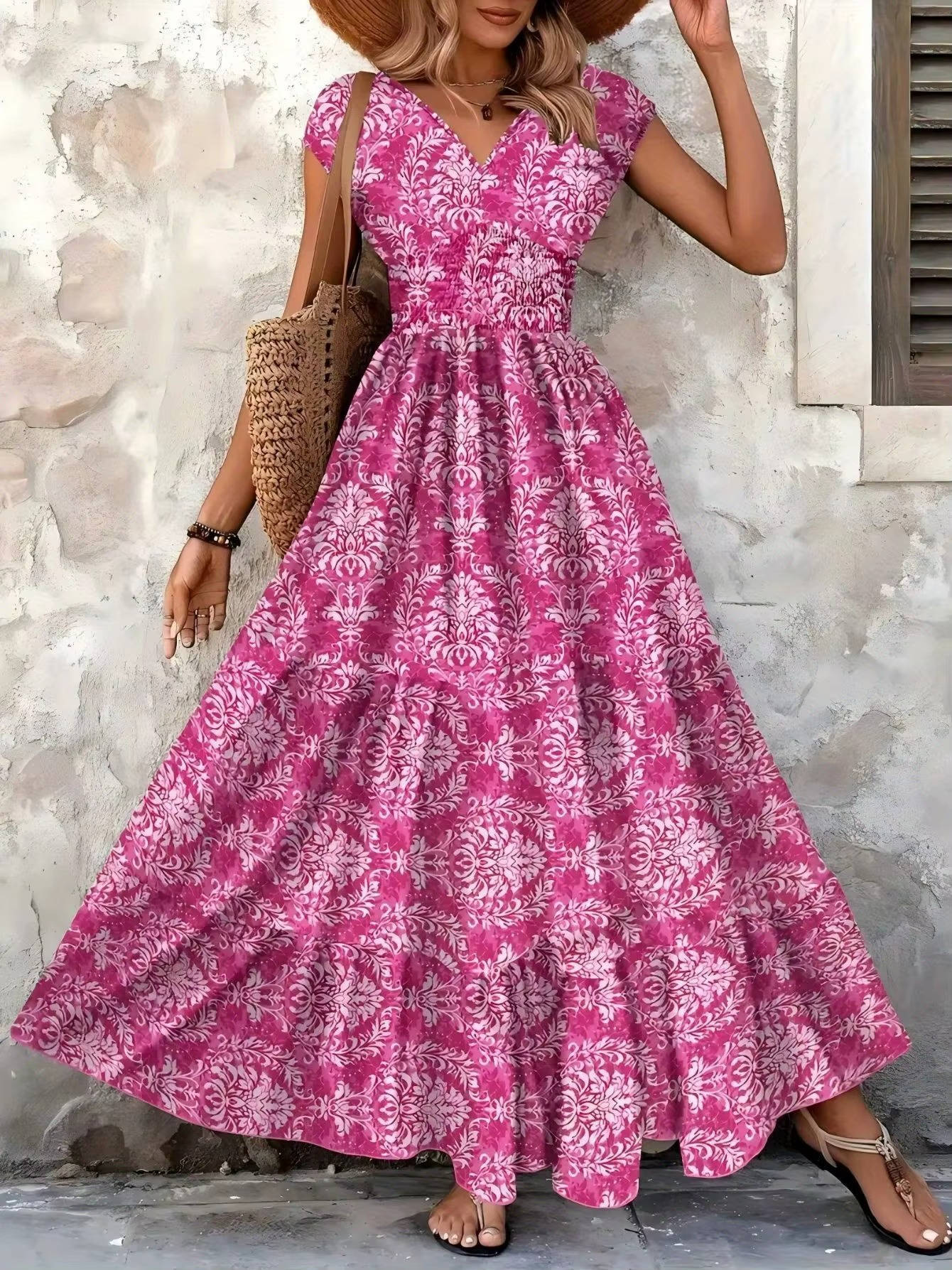 Cristina | Robe maxi bohème femme à imprimé et fronces