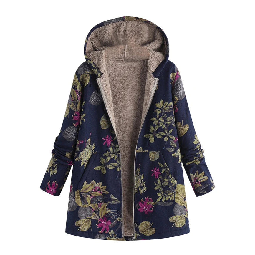 Milagros | Abrigo de invierno para mujer con estampado floral y capucha