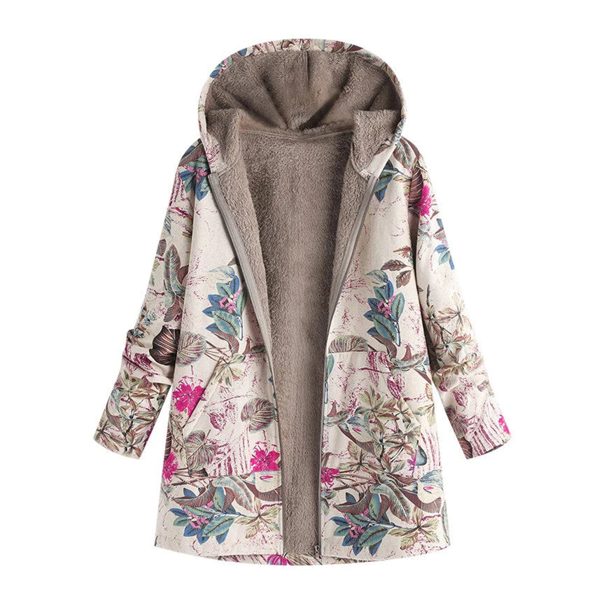Milagros | Abrigo de invierno para mujer con estampado floral y capucha