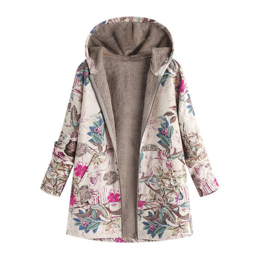 Milagros | Abrigo de invierno para mujer con estampado floral y capucha