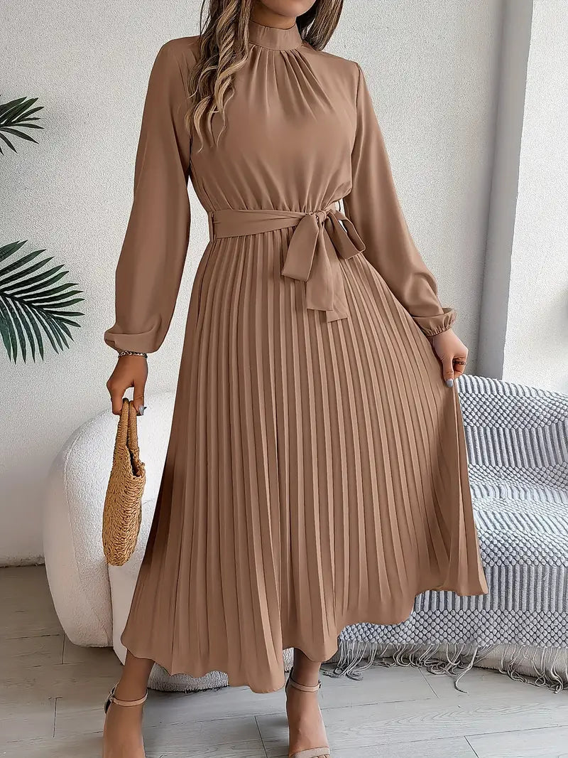 Rhea | Pleated Long Sleeve Dress with Belt