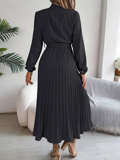 Rhea | Pleated Long Sleeve Dress with Belt
