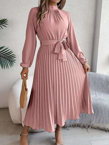 Rhea | Pleated Long Sleeve Dress with Belt