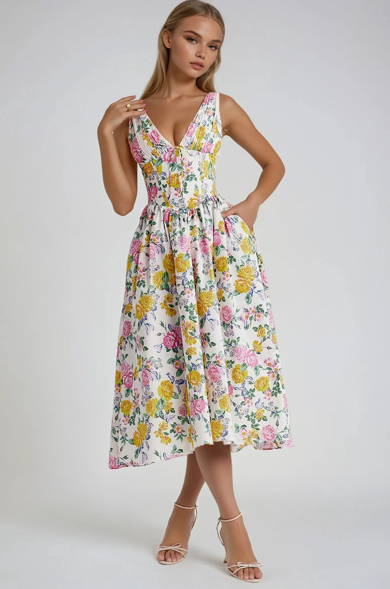 Nieves | Vestido midi para mujer con estampado floral y escote en V