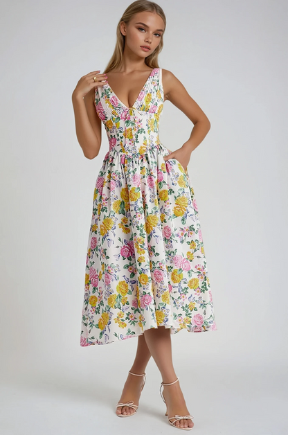 Nieves | Vestido midi para mujer con estampado floral y escote en V