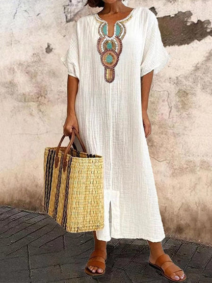 Anni | Vestido caftán bohemio con bordado y manga corta diseño suelto