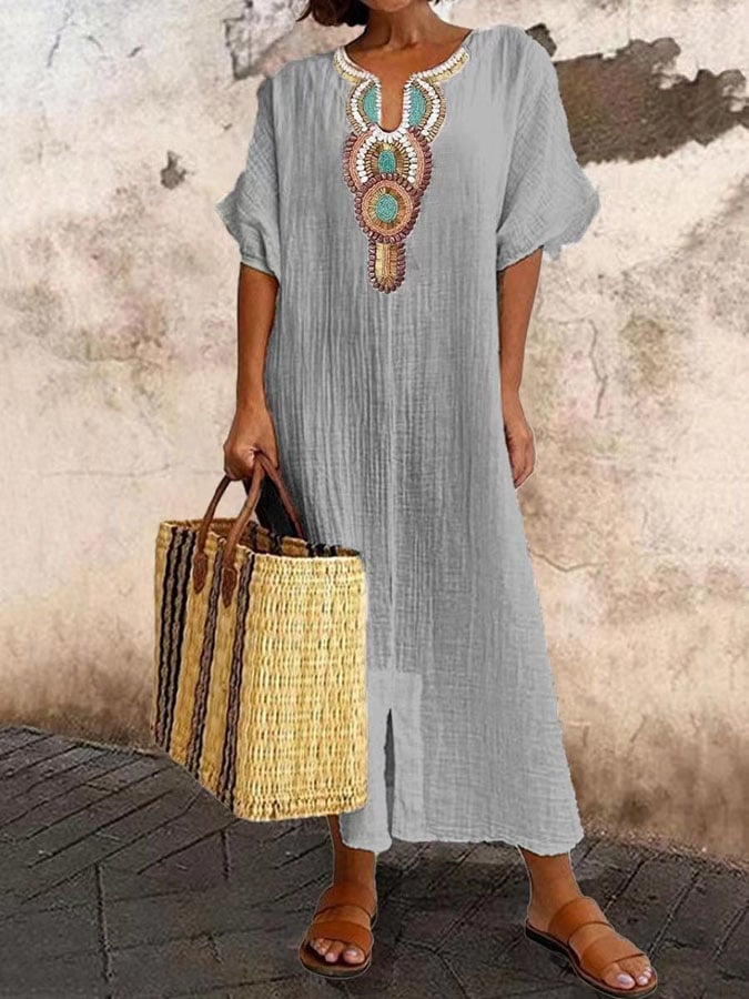 Anni | Vestido caftán bohemio con bordado y manga corta diseño suelto