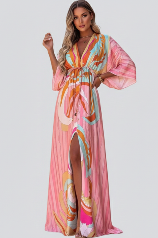 Marisol | Robe longue femme à imprimé et col en V avec ceinture