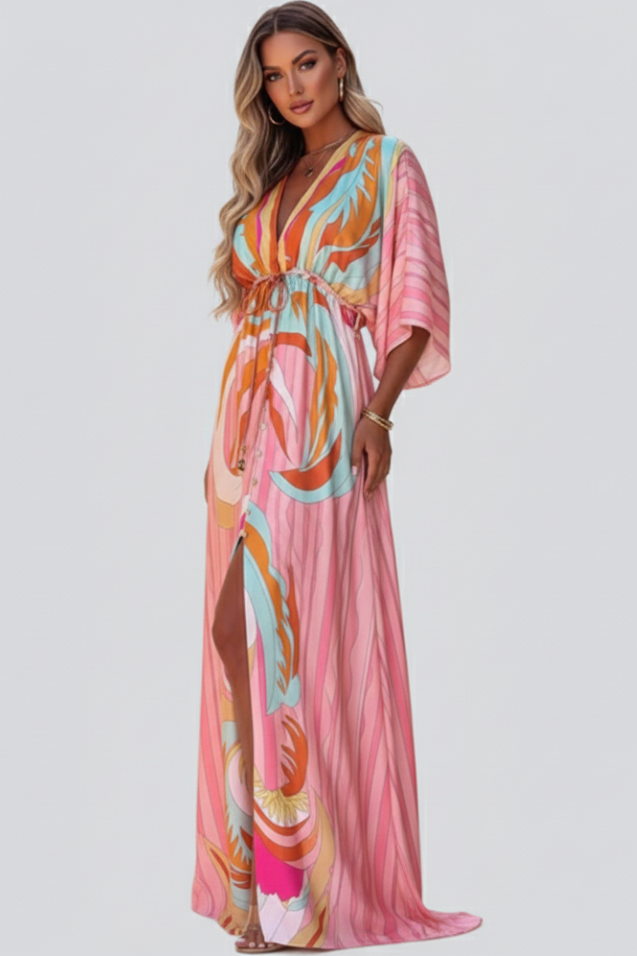 Marisol | Women's long printed V-neck dress with belt