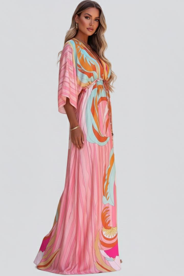 Marisol | Women's long printed V-neck dress with belt