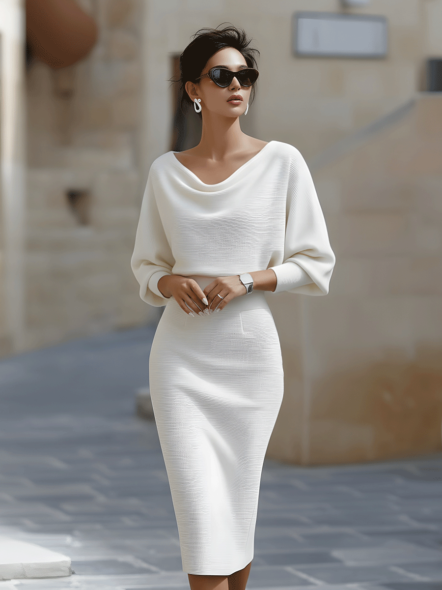 Patricia | Midi dress with mid-length sleeves and fitted draped neckline