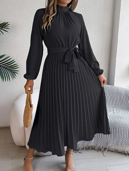 Rhea | Pleated Long Sleeve Dress with Belt