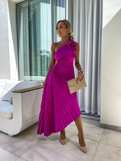 Xandra | Women's One Shoulder Pleated Midi Dress