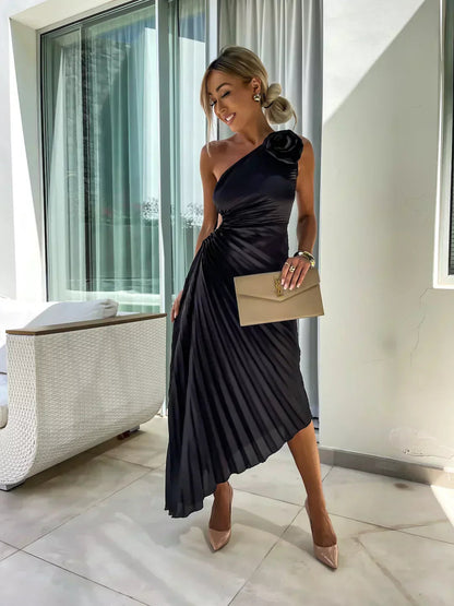 Xandra | Women's One Shoulder Pleated Midi Dress