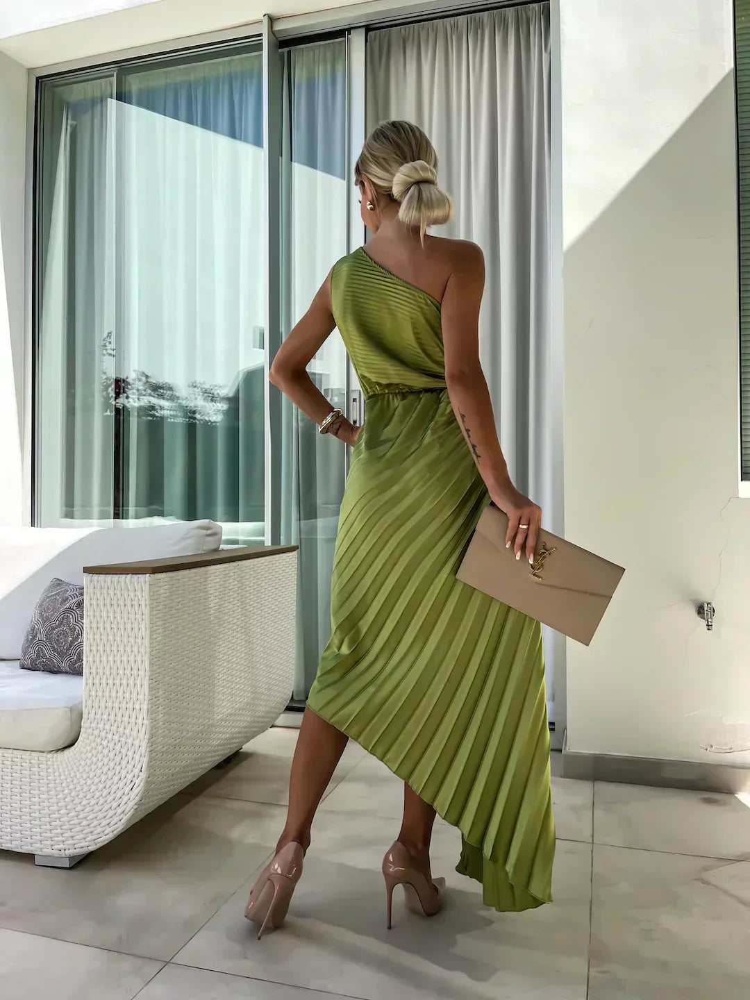 Xandra | Women's One Shoulder Pleated Midi Dress
