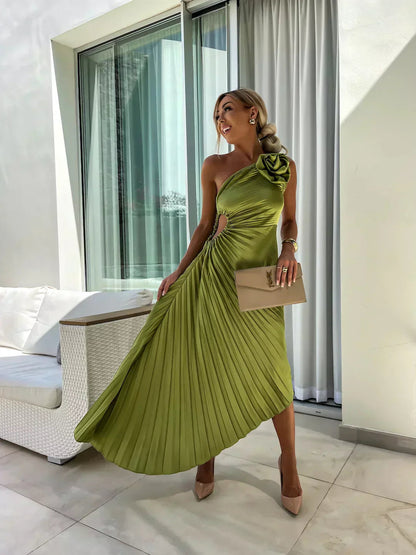 Xandra | Women's One Shoulder Pleated Midi Dress