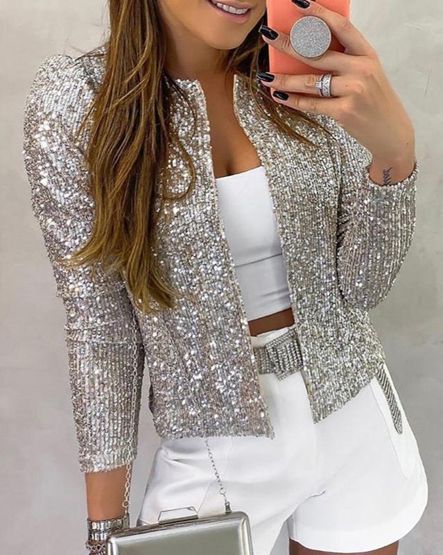 Blazer de fiesta con lentejuelas y frente abierto para mujer