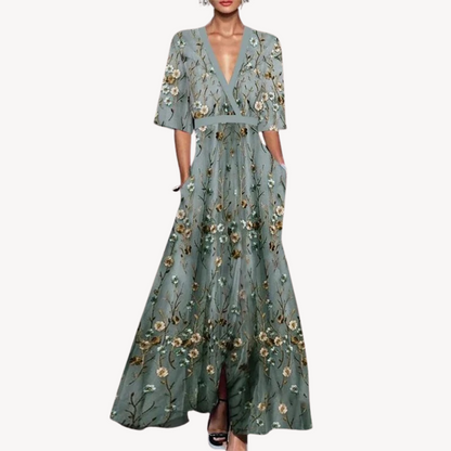 Isabel | Vestido maxi para mujer con escote profundo en V y falda amplia