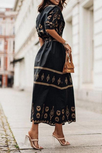 Eva | Robe midi bohème femme à imprimé et ceinture