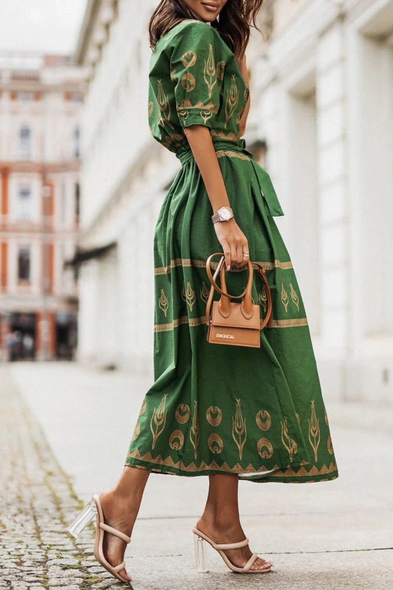 Eva | Robe midi bohème femme à imprimé et ceinture