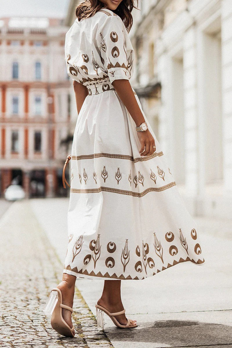 Eva | Robe midi bohème femme à imprimé et ceinture