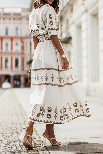 Eva | Robe midi bohème femme à imprimé et ceinture
