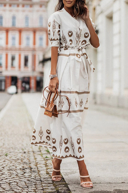 Eva | Robe midi bohème femme à imprimé et ceinture